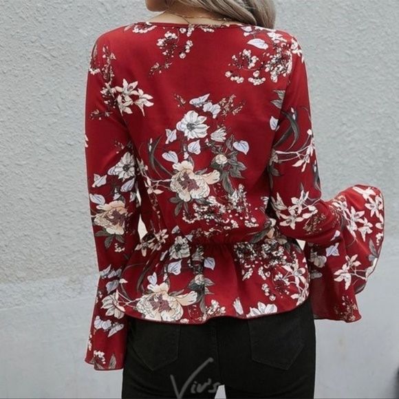RED Floral Bell Sleeve V Neck - Picture 5 of 11